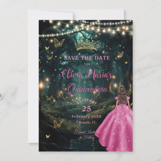Save The Date Forêt enchantée Fuchsia Robe rose Quinceañera 16 (Devant)