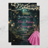Save The Date Forêt enchantée Fuchsia Robe rose Quinceañera 16 (Devant / Derrière)