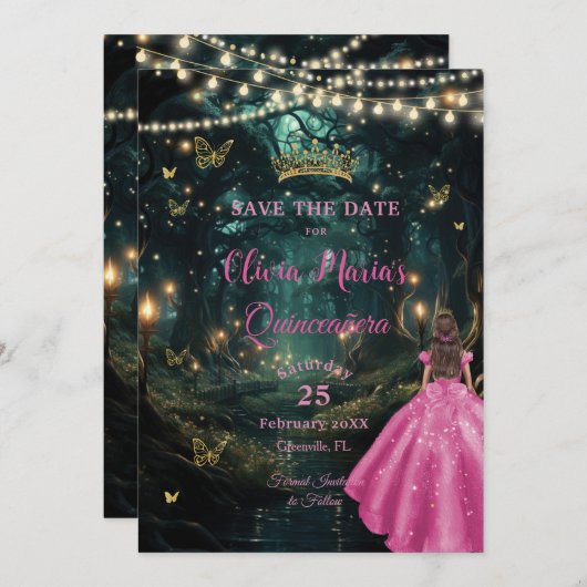 Save The Date Forêt enchantée Fuchsia Robe rose Quinceañera 16 (Devant / Derrière)
