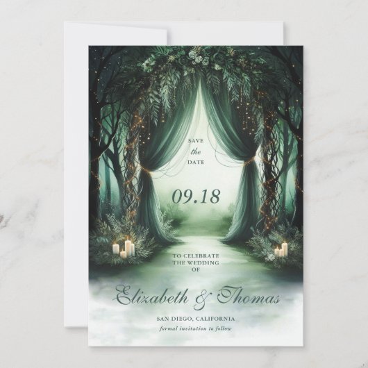 Save The Date Forêt enchantée Moody Dark Woodland Mariage photo (Devant)