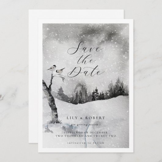 Save The Date Forêt neigeuse Ethereal Mariage d'hiver (Devant / Derrière)