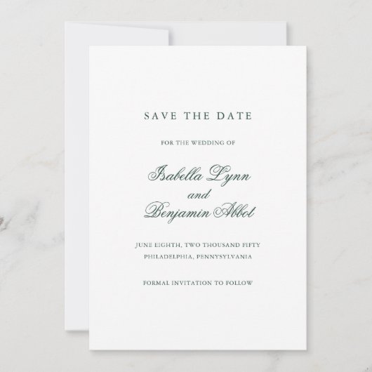 Save The Date Forêt traditionnelle Vert Formel Mariage élégant (Devant)