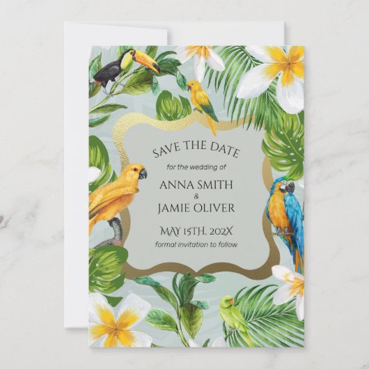 Save The Date Forêt tropicale verte Parrots Plumeria Mariage (Devant)