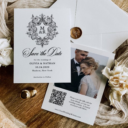 Save The Date Formal Antique Crest | Photo and QR Code