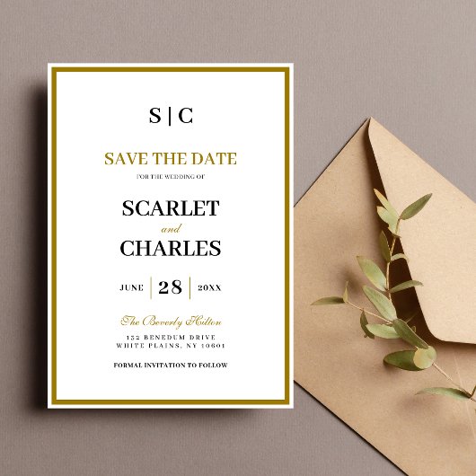 Save The Date Formal Classic Black Gold Monogram Wedding