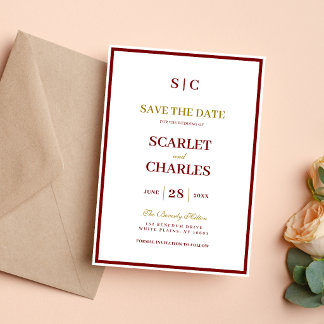Save The Date Formal Classic Burgundy & Gold Monogram Wedding