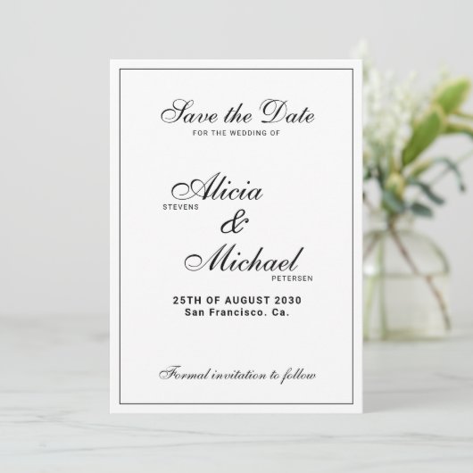 Save The Date Formal elegant black and white classic wedding (Debout devant)