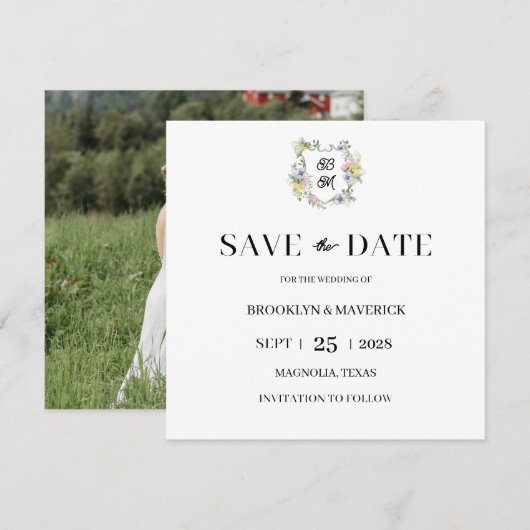 Save The Date Formal Floral Monogram Crest Wedding (Devant / Derrière)