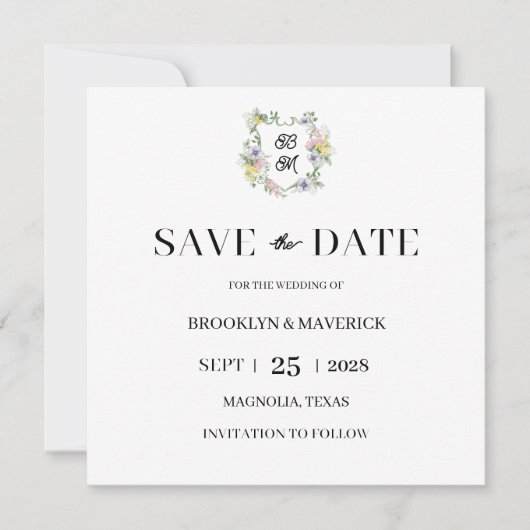 Save The Date Formal Floral Monogram Crest Wedding (Devant)
