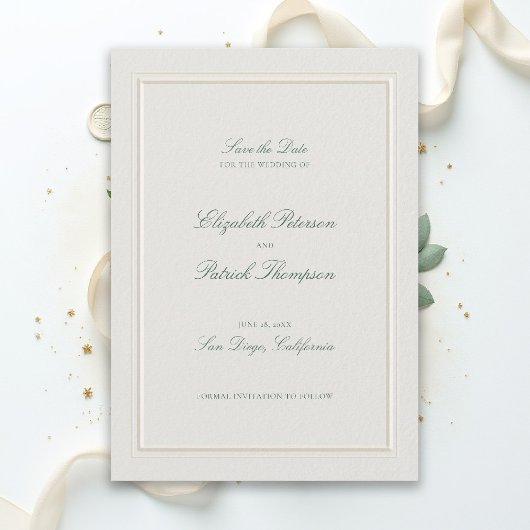 Save The Date Formal Modern Classic Elevated Green Ecru Wedding