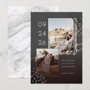 Save The Date Formes Abstraites Dos en Marbre Gris Foncé & 2 Pho