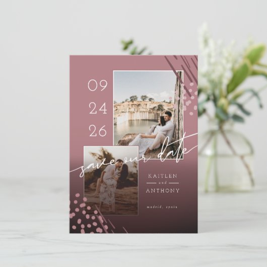 Save The Date Formes Abstraites Dusty Marbre Rose Retour & 2 Pho (Debout devant)