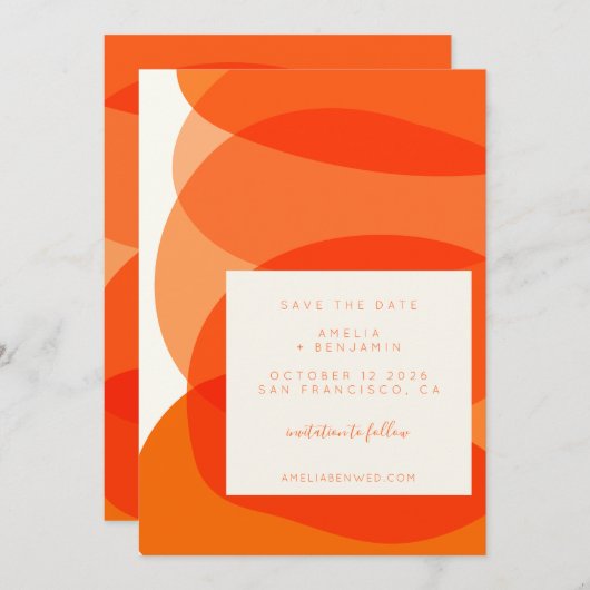 Save The Date Formes Abstraites modernes en Mariage orange chic (Devant / Derrière)