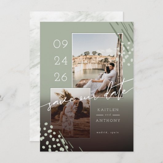 Save The Date Formes Abstraites Sage Marbre vert Retour & 2 Phot (Devant / Derrière)