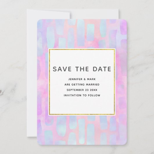 Save The Date Formes de rectangle violet et bleu sur mariage ros (Devant)