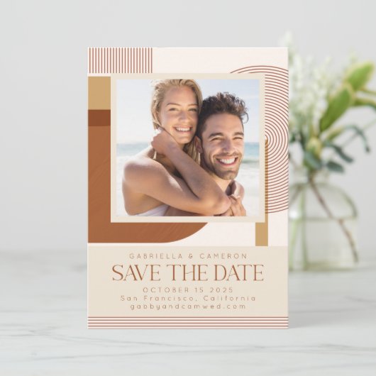 Save The Date Formes et Ligne Terracotta Photo Mariage Moderne (Debout devant)