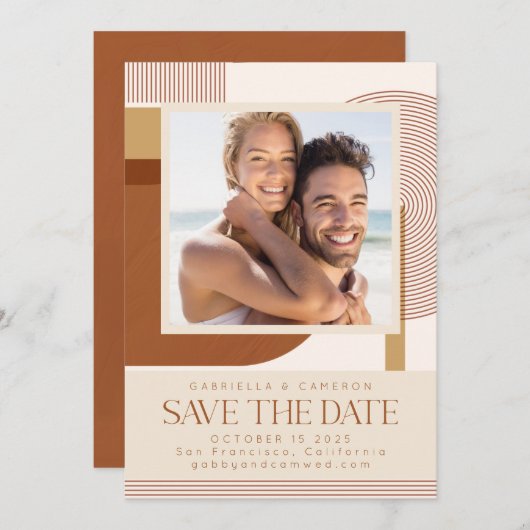 Save The Date Formes et Ligne Terracotta Photo Mariage Moderne (Devant / Derrière)