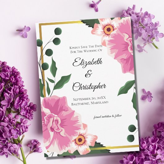 Save The Date Formulation formelle Fleurs roses et vertes Enregi