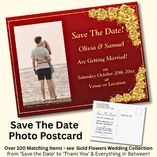 Save The Date, Foto - Gouden Rozen Donkerrood Aankondigingskaart