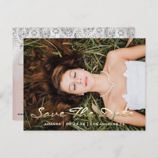 Save The Date Foto Grijs 16e 15e Bruidsmeisjesfees Briefkaart (Voorkant / Achterkant)