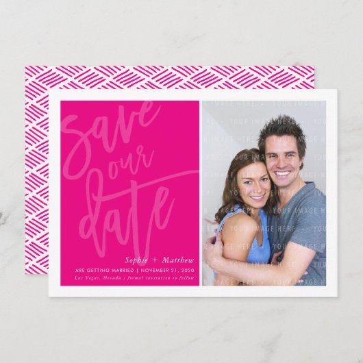 SAVE THE DATE foto hand lettered script heet roze Kaart (Voorkant / Achterkant)