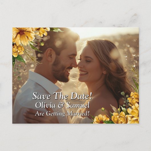 Save The Date - Foto met Gouden Gele Bloemen Aankondigingskaart (Voorkant)