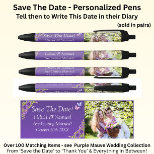 Save The Date - Foto + Paarse Mauve Bloemen Zwarte Inkt Pen