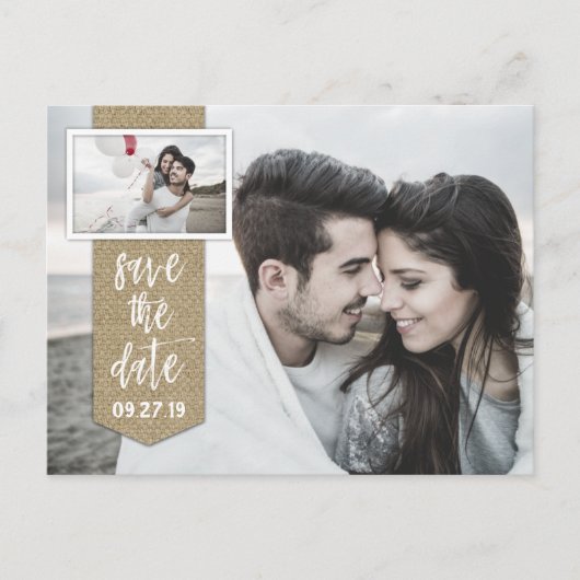 Save the Date Foto Rustieke Burlap Wedding Aankondigingskaart (Voorkant)