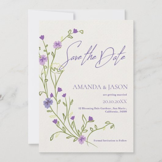 Save The Date Frame à fleurs violettes Mariage élégant Enregistr (Devant)