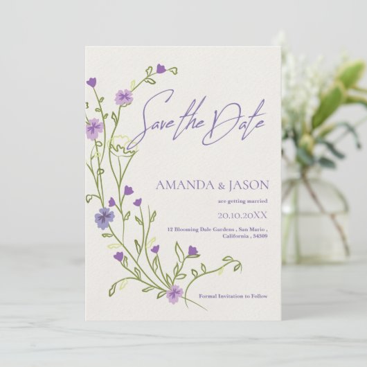 Save The Date Frame à fleurs violettes Mariage élégant Enregistr (Debout devant)