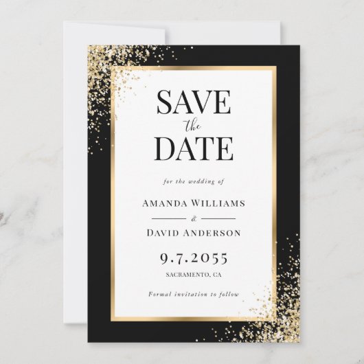 Save The Date Frame Black Gold Confetti Mariage élégant (Devant)