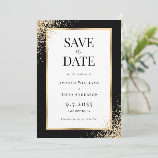 Save The Date Frame Black Gold Confetti Mariage élégant (Debout devant)