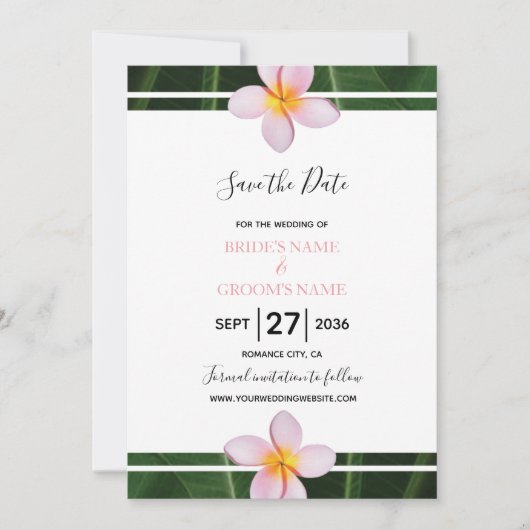 Save The Date Frangipani rose Plumeria Mariage Enregistrer La Da (Devant)