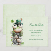 Save The Date Frog with Green Hat and Shamrock Cute (Devant / Derrière)