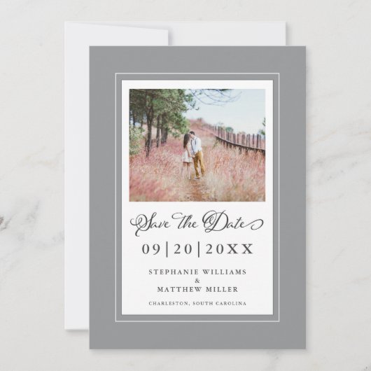 Save The Date Frontières chic gris et blanc ultra-brillant (Devant)