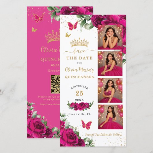 Save The Date Fuchsia Floral Photo Booth Quinceanera QR code (Devant / Derrière)