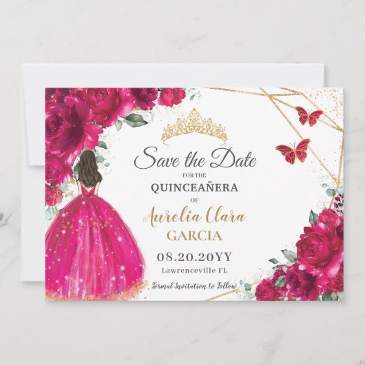 Save The Date Fuchsia Floral Princess Quinceañera Enregistrer la (Devant)