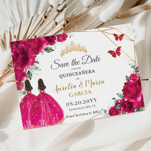 Save The Date Fuchsia Floral Twins XV Quinceañera Enregistrer la
