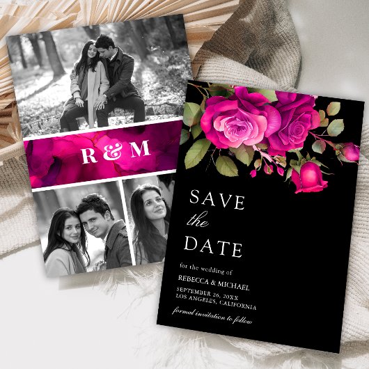 Save The Date Fuchsia Hot Pink Roses Photo Collage Black Wedding