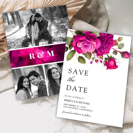 Save The Date Fuchsia Hot Pink Roses Photo Collage Wedding