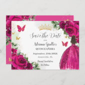 Save The Date Fuchsia Hot rose Floral Princess Gold Quinceañera (Devant / Derrière)