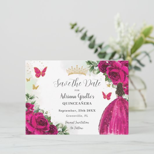 Save The Date Fuchsia Hot rose Floral Princess Gold Quinceañera (Debout devant)