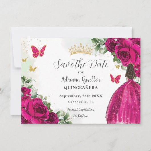 Save The Date Fuchsia Hot rose Floral Princess Gold Quinceañera (Devant)