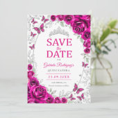 Save The Date Fuchsia Rose Argent Fleur Quinceanera (Debout devant)