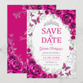 Save The Date Fuchsia Rose Argent Fleur Quinceanera (Devant / Derrière)