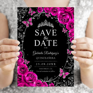 Save The Date Fuchsia Rose Noir Argent Quinceanera Floral