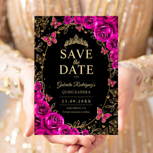 Save The Date Fuchsia Rose Noir Or Quinceanera Floral