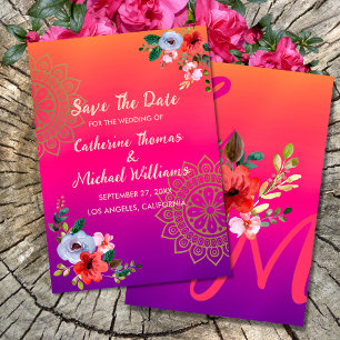 Save The Date Fuchsia rose orange violet brillant et gras floral