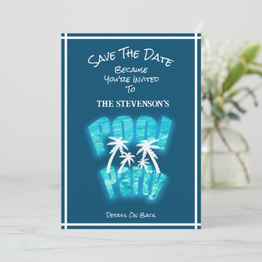 Save the Date Fun Pool Party Verjaardag Blauw (Staand voorkant)