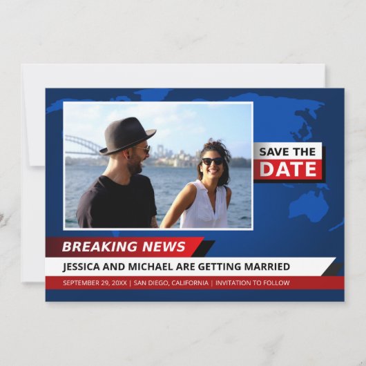 Save The Date Fun Unique Breaking News TV Bleu Rouge Blanc Photo (Devant)